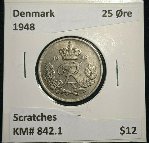 Denmark 1948 25 Ore KM# 842.1 Scratches #1635