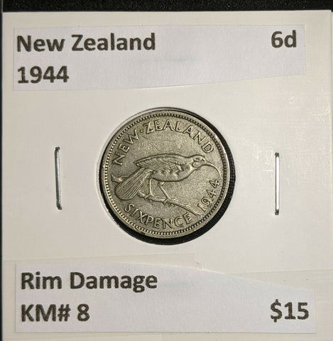 New Zealand 1944 6d Sixpence KM# 8 Rim Damage #270     4A