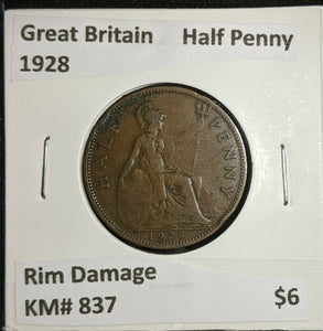 Great Britain 1928 Half Penny 1/2d  KM# 837 Rim Damage #216   #16A
