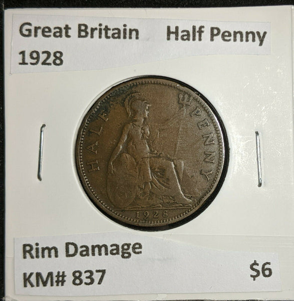 Great Britain 1928 Half Penny 1/2d  KM# 837 Rim Damage #216   #16A