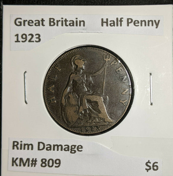Great Britain 1923 Half Penny 1/2d  KM# 809 Rim Damage #213 #16B
