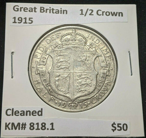 Great Britain 1915 1/2 Crown KM# 818.1 Cleaned #204