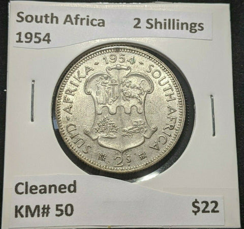 South Africa 1954 2 Shilling 1/-s KM# 50 Cleaned #295     4B