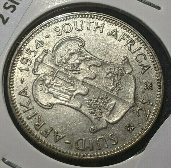 South Africa 1954 2 Shilling 1/-s KM# 50 Cleaned #295     4B