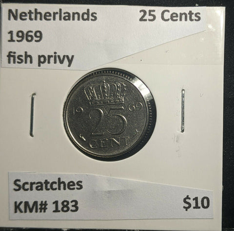 Netherlands 1969 fish privy 25 Cents KM# 183 Scratches #887 1B