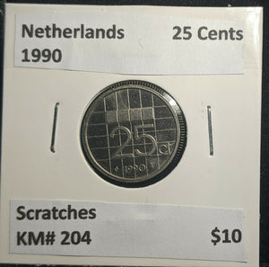 Netherlands 1990 25 Cents KM# 204 Scratches #891 1B