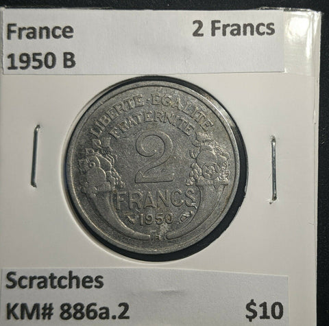 France 1950 B 2 Francs KM# 886a.2 Scratches #394 1B