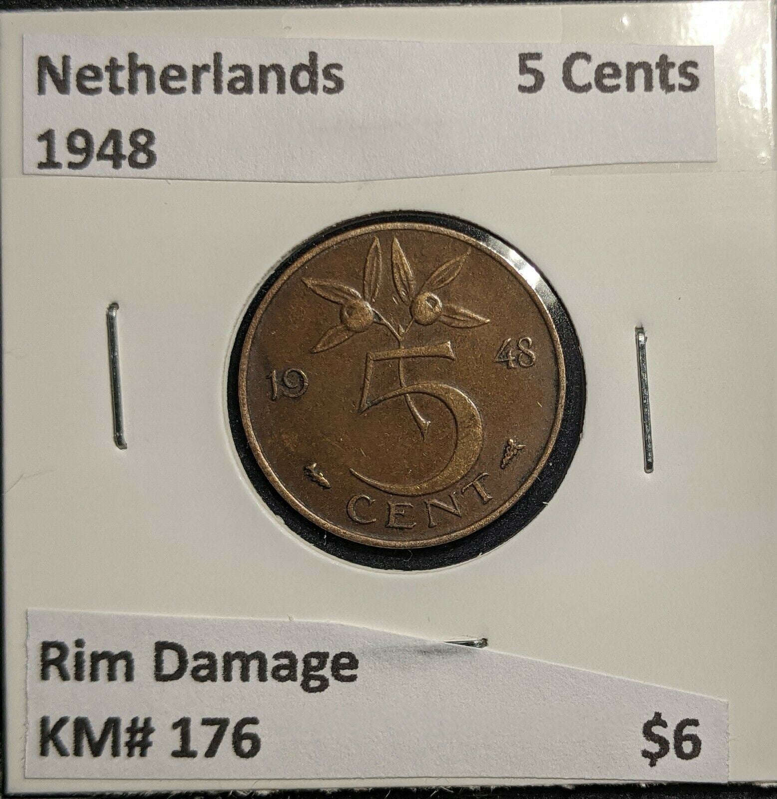 Netherlands 1948 5 Cents KM# 176 Rim Damage #860 2A