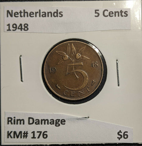 Netherlands 1948 5 Cents KM# 176 Rim Damage #860 2A