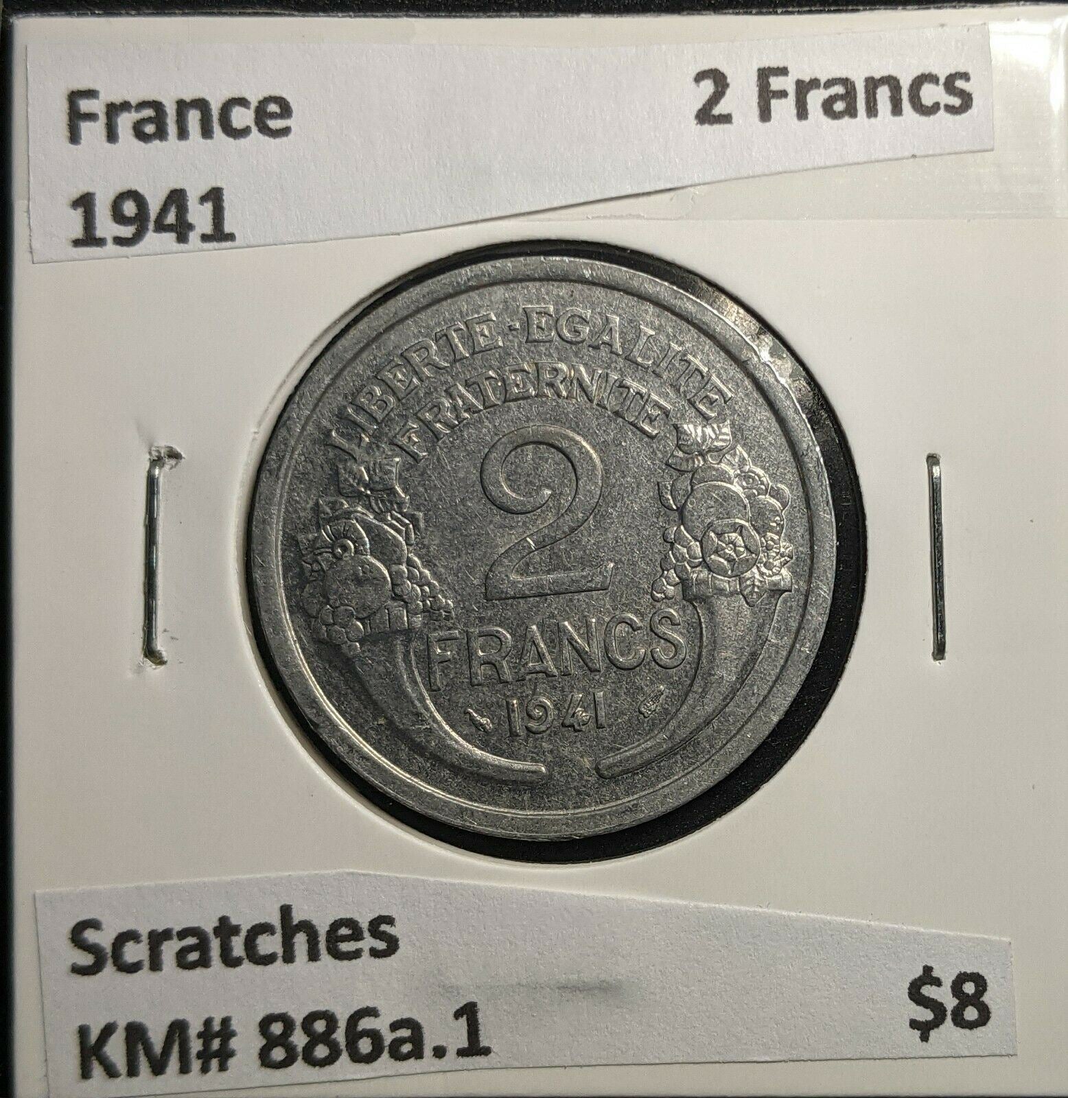 France 1941 2 Francs KM# 886a.1 Scratches #893 2A