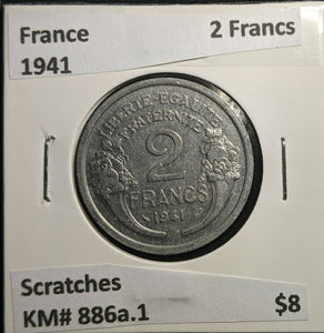 France 1941 2 Francs KM# 886a.1 Scratches #893 2A