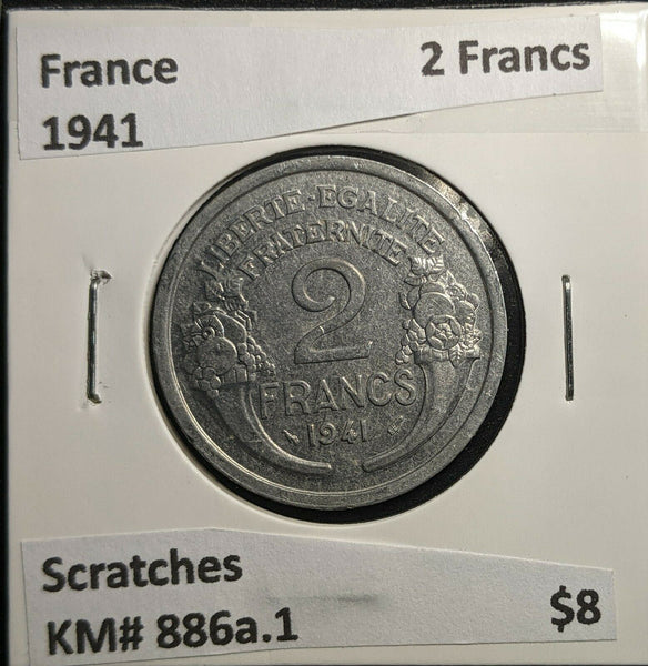 France 1941 2 Francs KM# 886a.1 Scratches #893 2A