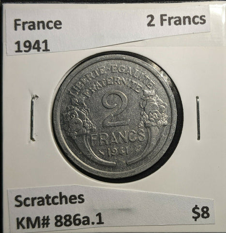 France 1941 2 Francs KM# 886a.1 Scratches #893 2A