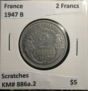 France 1947 B 2 Francs KM# 886a.2 Scratches #879 2A