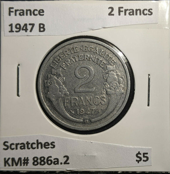 France 1947 B 2 Francs KM# 886a.2 Scratches #879 2A