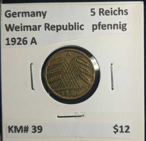 Germany Weimar Republic 1926 A 5 Reichspfennig KM# 39 #736 3A