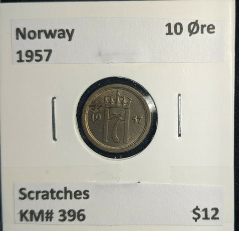 Norway 1957 10 Øre KM# 396 Scratches #776 3B