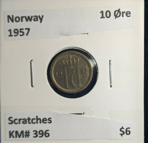Norway 1957 10 Øre KM# 396 Scratches #750 3B