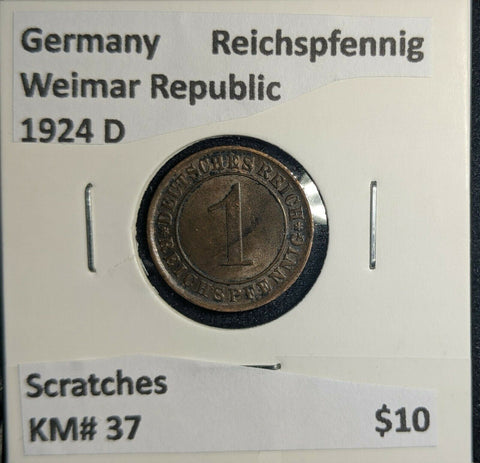 Germany Weimar Republic 1924 D Reichspfennig KM# 37 Scratches #738 3B