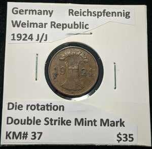 Germany 1924 J/J Weimar Republic Reichspfennig KM# 37 Die rotation Double Strike