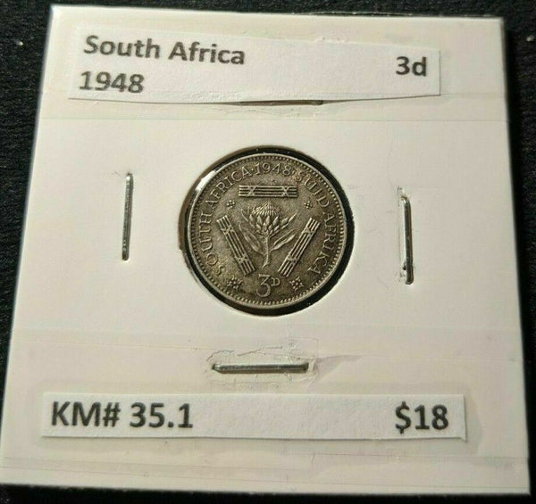 South Africa 1948 Threepence 3d KM# 35.1 #451  #11A