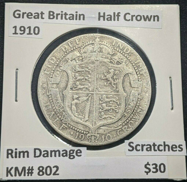 Great Britain 1910 Half Crown KM# 802 Rim Damage Scratches #463 4A
