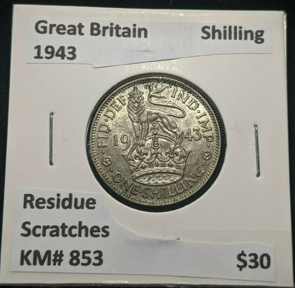 Great Britain 1943 Shilling 1/- KM# 853 Residue Scratches #963 4A