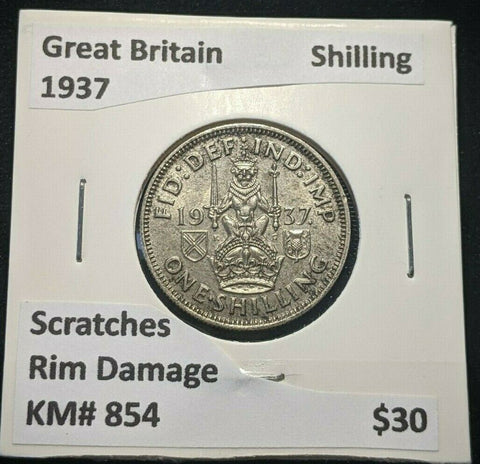 Great Britain 1937 Shilling 1/- KM# 854 Rim Damage Scratches #954 4A