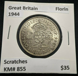 Great Britain 1944 Florin 2/- KM# 855 Scratches #912 4A