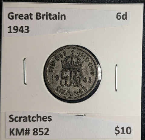 Great Britain 1943 6 Pence Sixpence 6d KM# 852 Scratches #969 5A