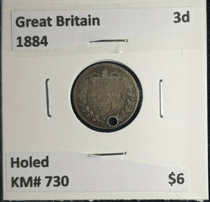 Great Britain 1884 3d Threepence KM# 730 Holed #013 4B