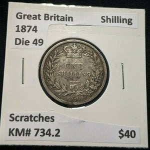 Great Britain 1874 Die 49 Shilling 1/- KM# 734.2 Scratches #010 4B