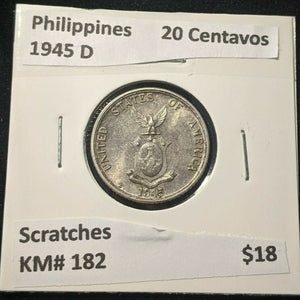 Philippines 1945 D 20 Centavos KM# 182 Scratches #554 5B