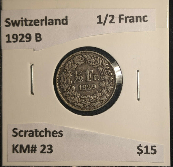 Switzerland 1929 B 1/2 Franc KM# 23 Scratches #611 6A