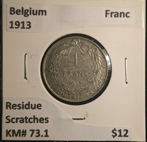 Belgium 1913 Franc KM# 73.1 Residue Scratches #629 6A