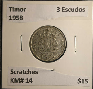 Timor 1958 3 Escudos KM# 14 Scratches #576 6A