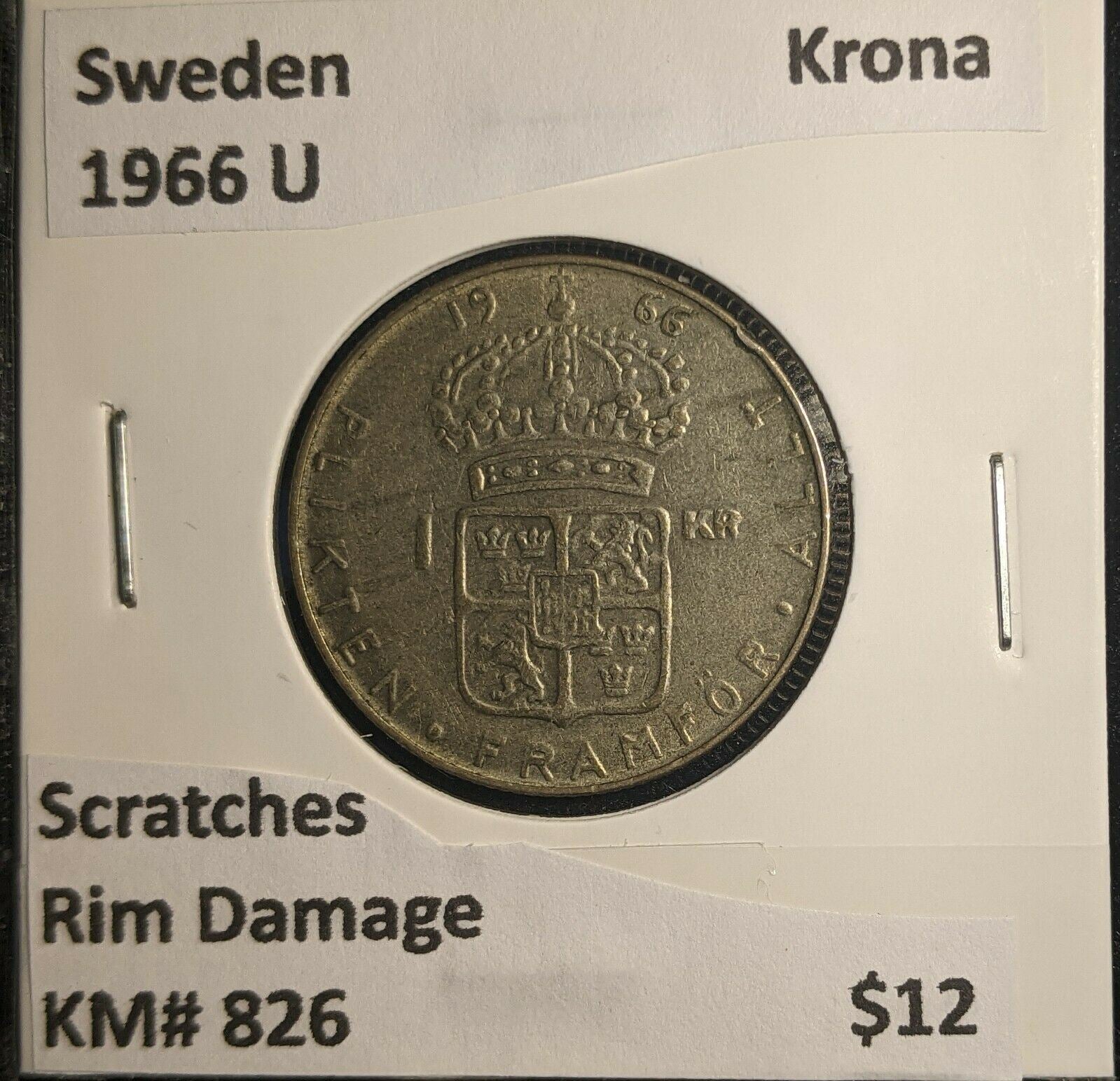 Sweden 1966 U Krona KM# 826 Scratches Rim Damage #522 6A