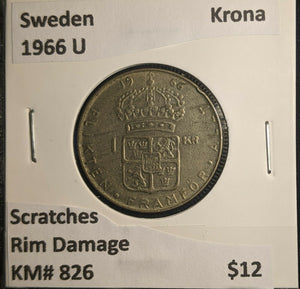 Sweden 1966 U Krona KM# 826 Scratches Rim Damage #522 6A