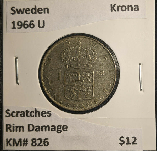 Sweden 1966 U Krona KM# 826 Scratches Rim Damage #522 6A