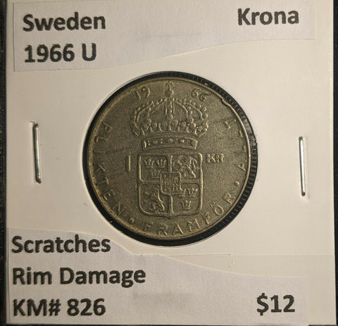 Sweden 1966 U Krona KM# 826 Scratches Rim Damage #522 6A