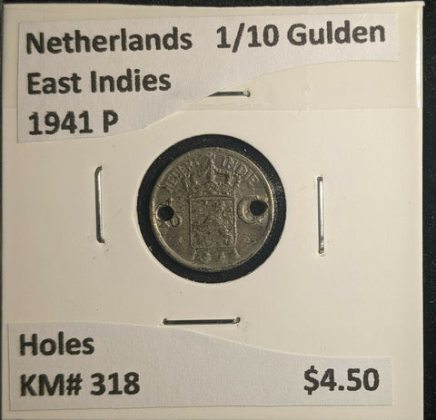 Netherlands East Indies 1941 P 1/10 Gulden KM# 318 Holes #497 6B
