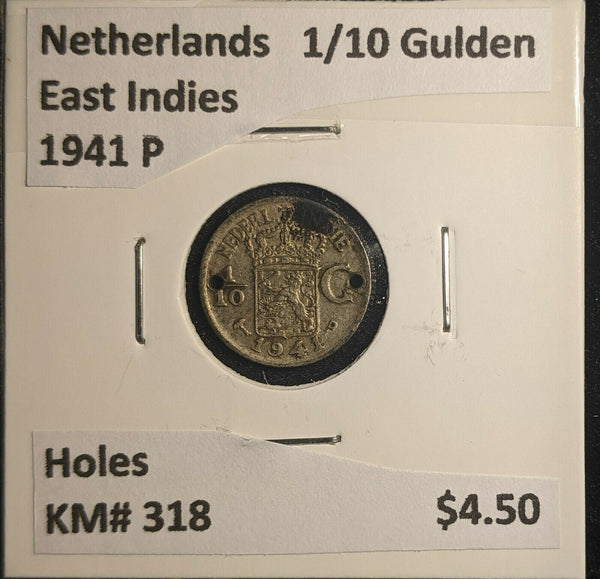 Netherlands East Indies 1941 P 1/10 Gulden KM# 318 Holes #481 6B