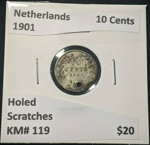 Netherlands 1901 10 Cents KM# 119 Holed Scratches #485 6B