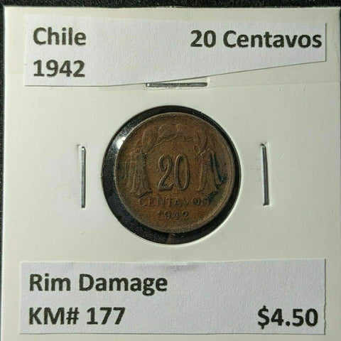 Chile 1942 20 Centavos KM# 177 Rim Damage #1827
