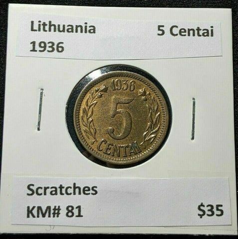 Lithuania 1936 5 Centai KM# 81 Scratches #150  #15B