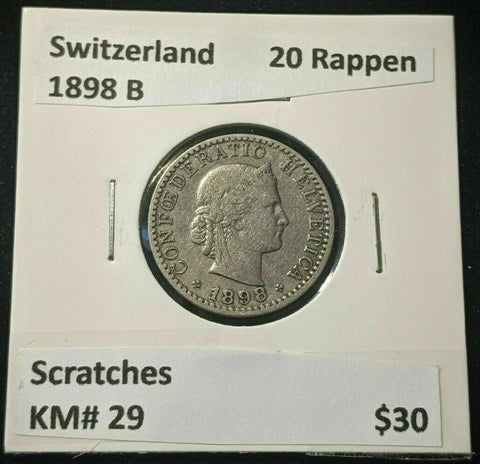 Switzerland 1898 B 20 Rappen KM# 29 Scratches #1946   #12B