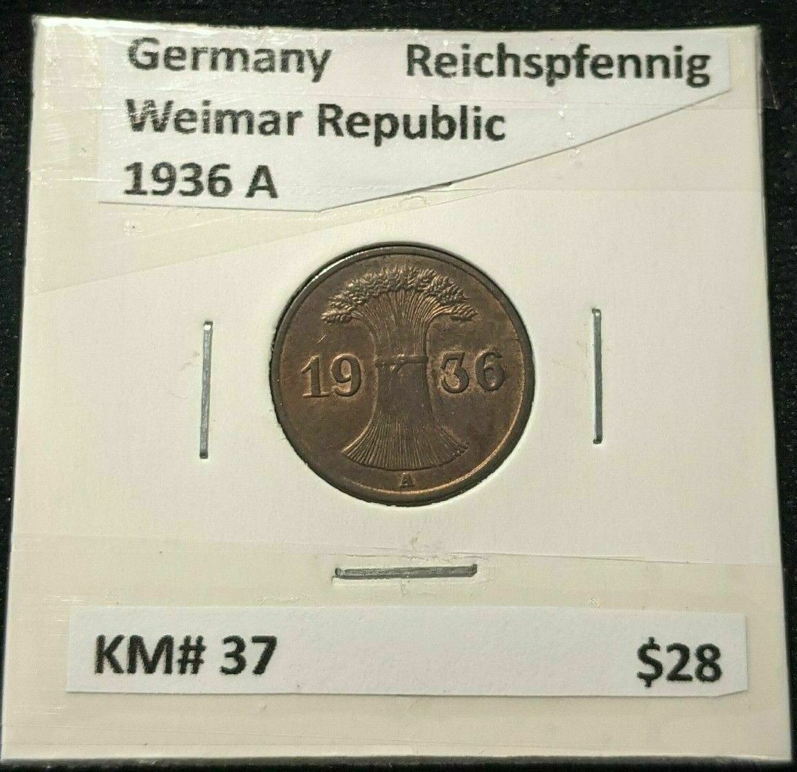 Germany Weimar Republic 1936 A Reichspfennig KM# 37 #1888  7A