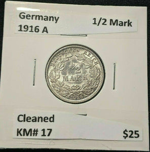 Germany 1916 A 1/2 Mark KM# 17 Cleaned #1902  8A