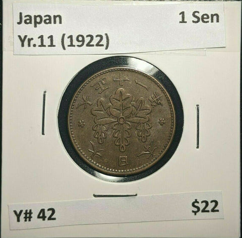 Japan Yr.11 (1922) 1 Sen Y# 42 #742  10A