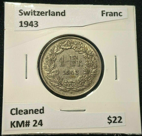 Switzerland 1943 Franc KM# 24 Cleaned #1351   #20B